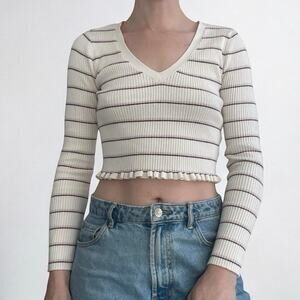 💙 3 for $15 L.A. Hearts Cream Striped Long Sleeve Ribbed Ruffled Cropped Top
